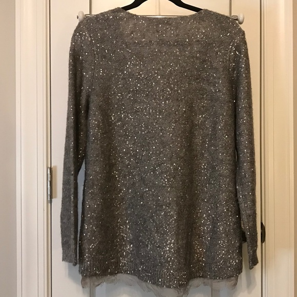 Chico’s long sleeved heather gray vneck sweater with tiny metallic sequins (L) - Picture 2 of 16